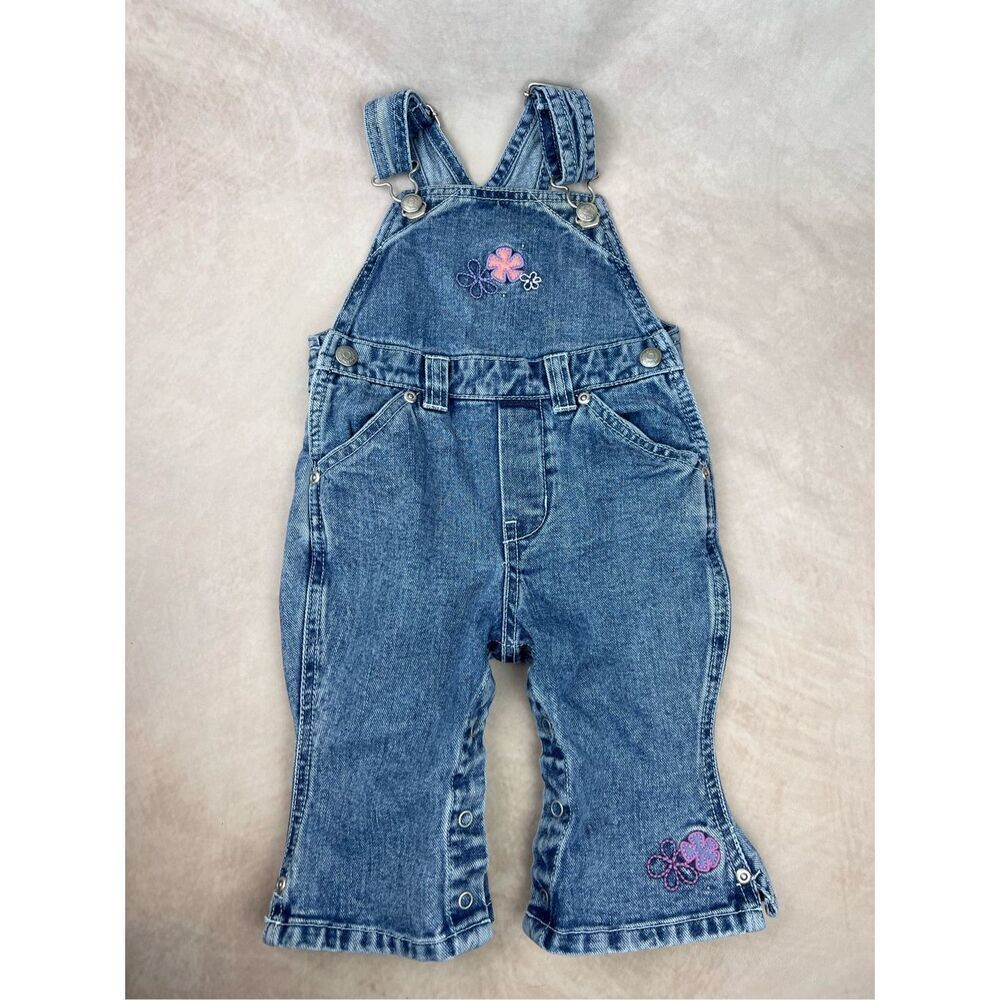GAP Blue Denim Overalls with Pink & Purple Floral Appliqués